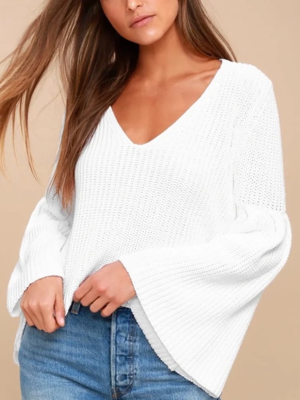 Free People White Damsel Cropped Bell Sleeve Cotton Sweater Size Extra Small